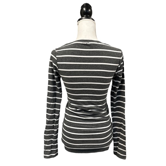 Striped Preppy V- Neck Long Sleeve Stretch Gray White L - Picture 3 of 7